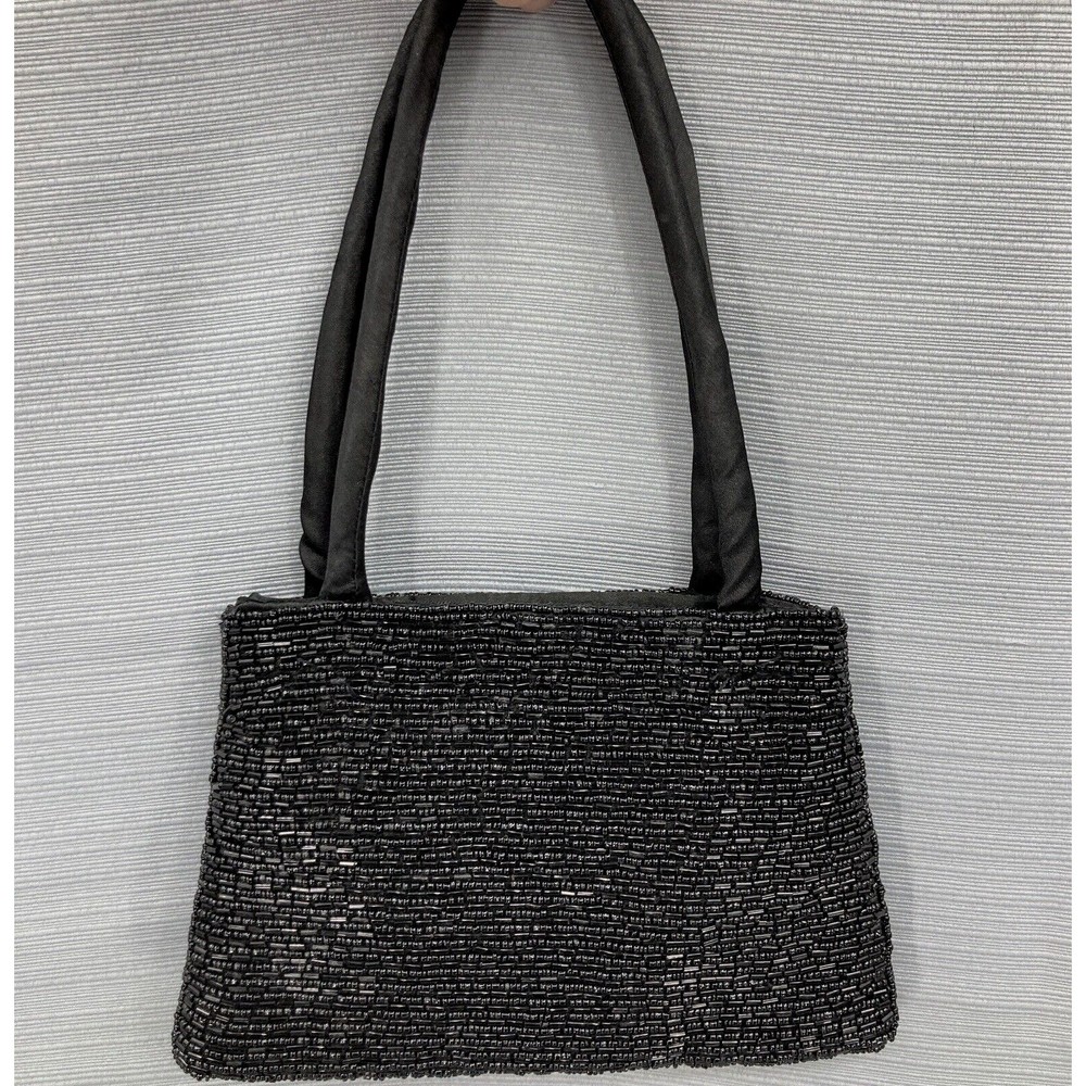 Vintage Mini Black Beaded Evening Bag Double Handle Y2K 8 x 5  Clean EUC